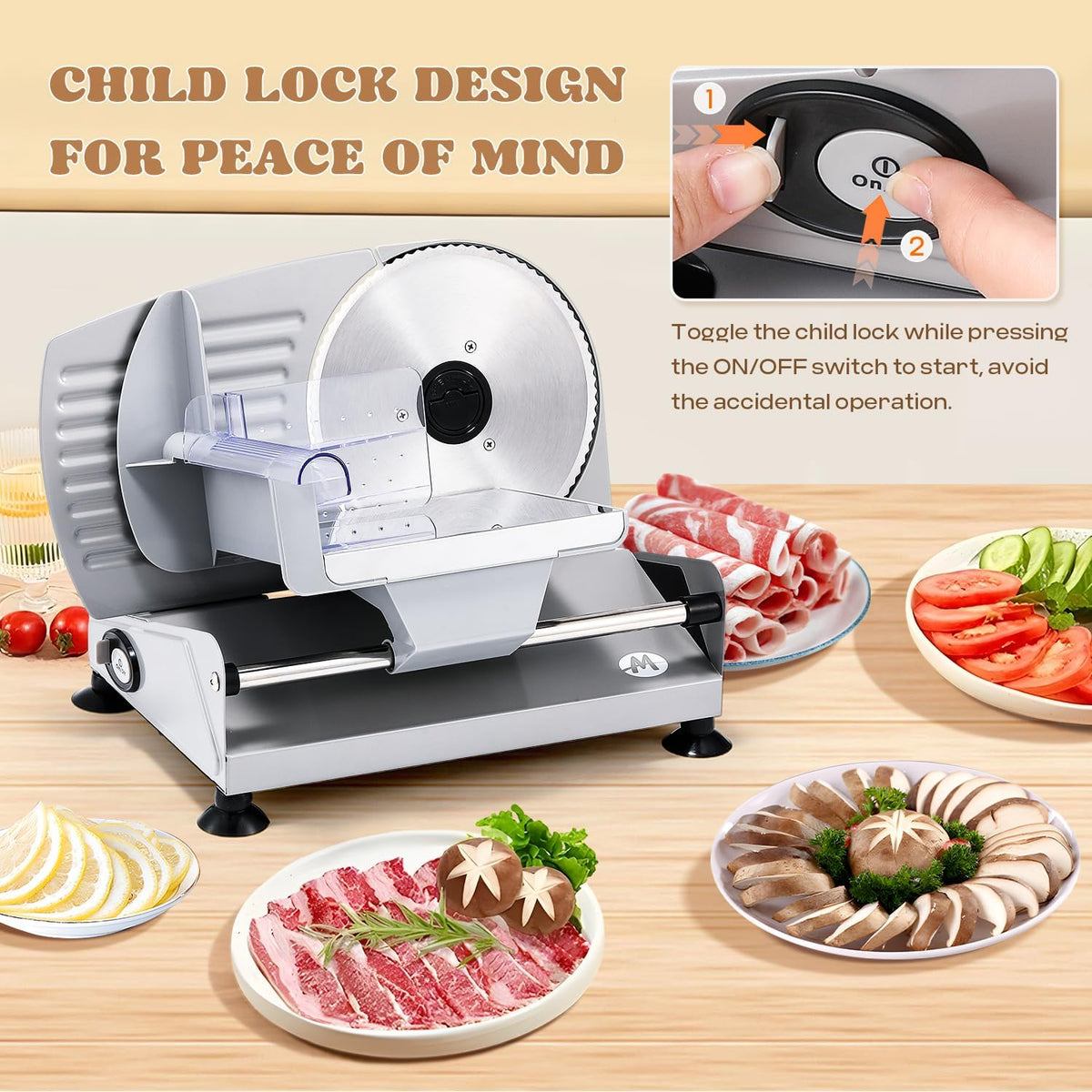 Moongiantgo Meat Slicer 200W With 2 Removable 7.5’’ Stainless Steel Blades, Deli Food Slicer 0-15MM Thickness Adjustable, Child Lock Protection, Meat Fruit Cheese Bread Slicer Machine, 110V