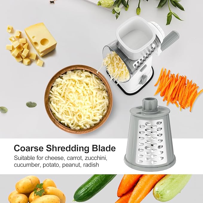 Ourokhome Rotary Cheese Grater Cheese Shredder, Mandoline Vegetable Slicer with 5 Interchangeable Blades and Strong Suction Base for Fruit, Vegetables, Nuts White