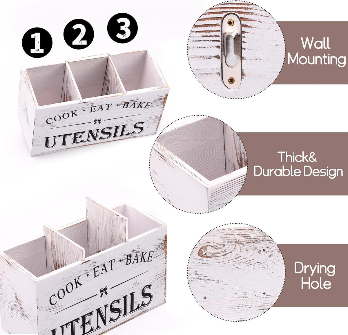 Kitchen Utensil Holder for Counter or Countertop, Extra Large Wood Organizer with 3 Compartments, Wooden Storage for Cooking and Silverware, Rustic Minimalist Decor, Sturdy Utensil Crock-White