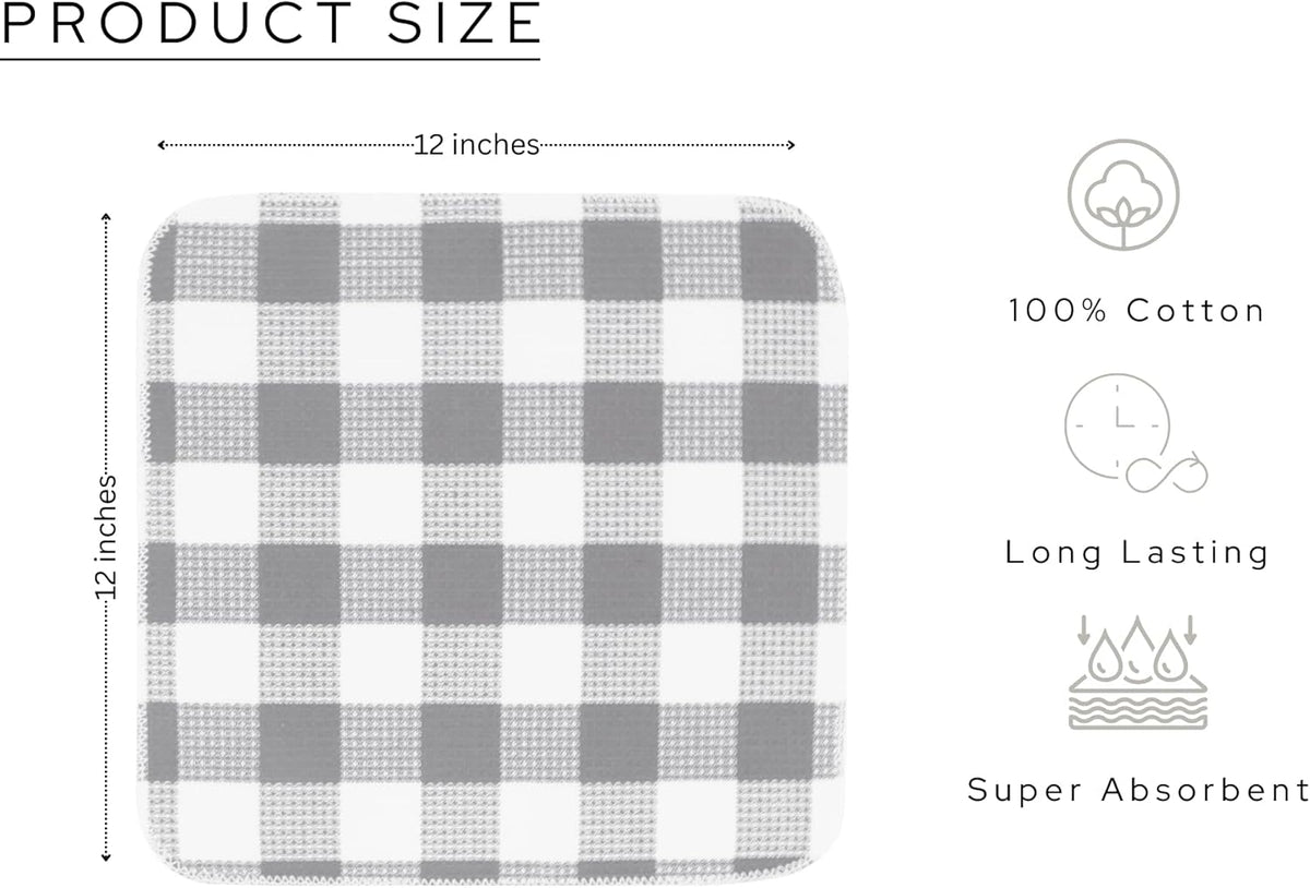 PurpleEssences Waffle Weave Plaid Dish Cloths, 100% Cotton - 12 x 12 Inches, Ultra Soft Absorbent Quick Drying Dish Towels Buffalo Check Dish Rags for Kitchen, 8 Pack - Spring Summer - Grey & White