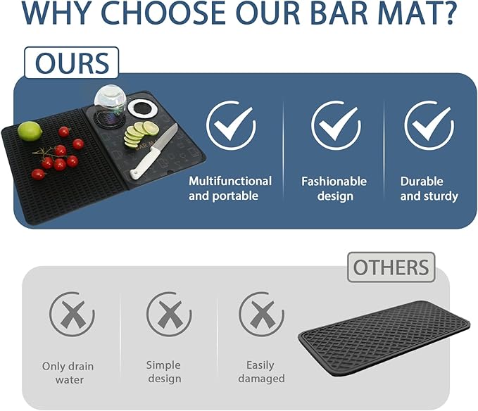 Foldable Bar Mat 18x12 inch - 3-in-1 Silicone Drying Mat with Removable Cutting Board & Rim Tray | Countertop Protector for Home, Outdoor, Travel | Professional Cocktail Accessories (Black)