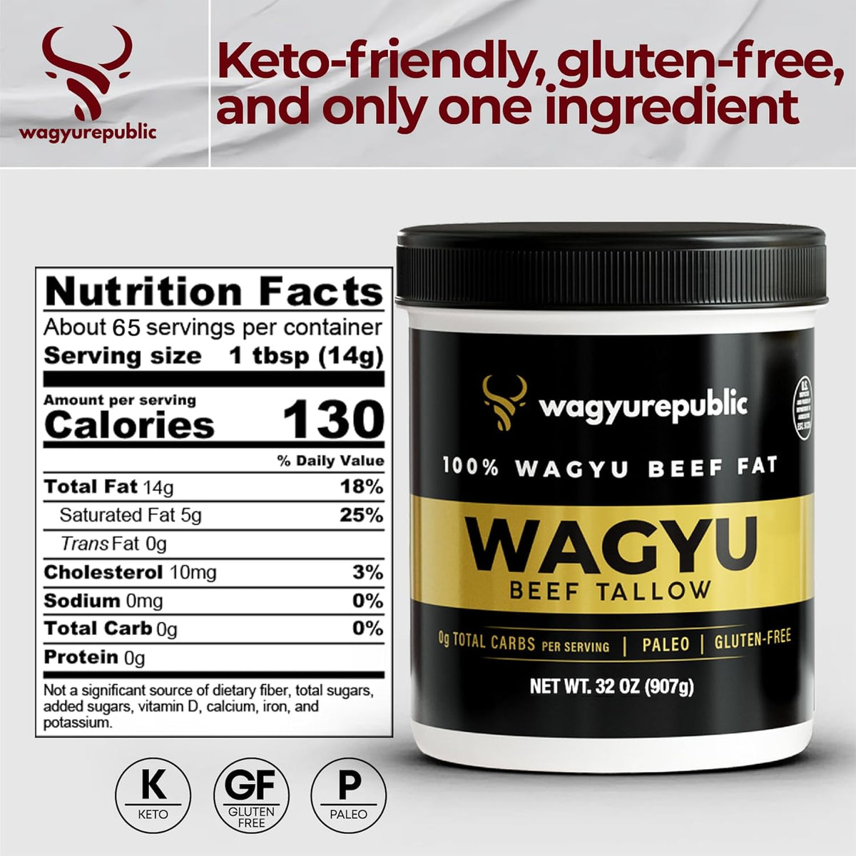 Wagyu Republic Beef Tallow ⎸ Grass Fed Wagyu Beef Tallow, Great for Cooking Steak or as Tallow Balm ⎸ Keto, Gluten Free Protein Snacks for Adults, Perfect for Whole 30 or Carnivore Diet ⎸32oz Jar