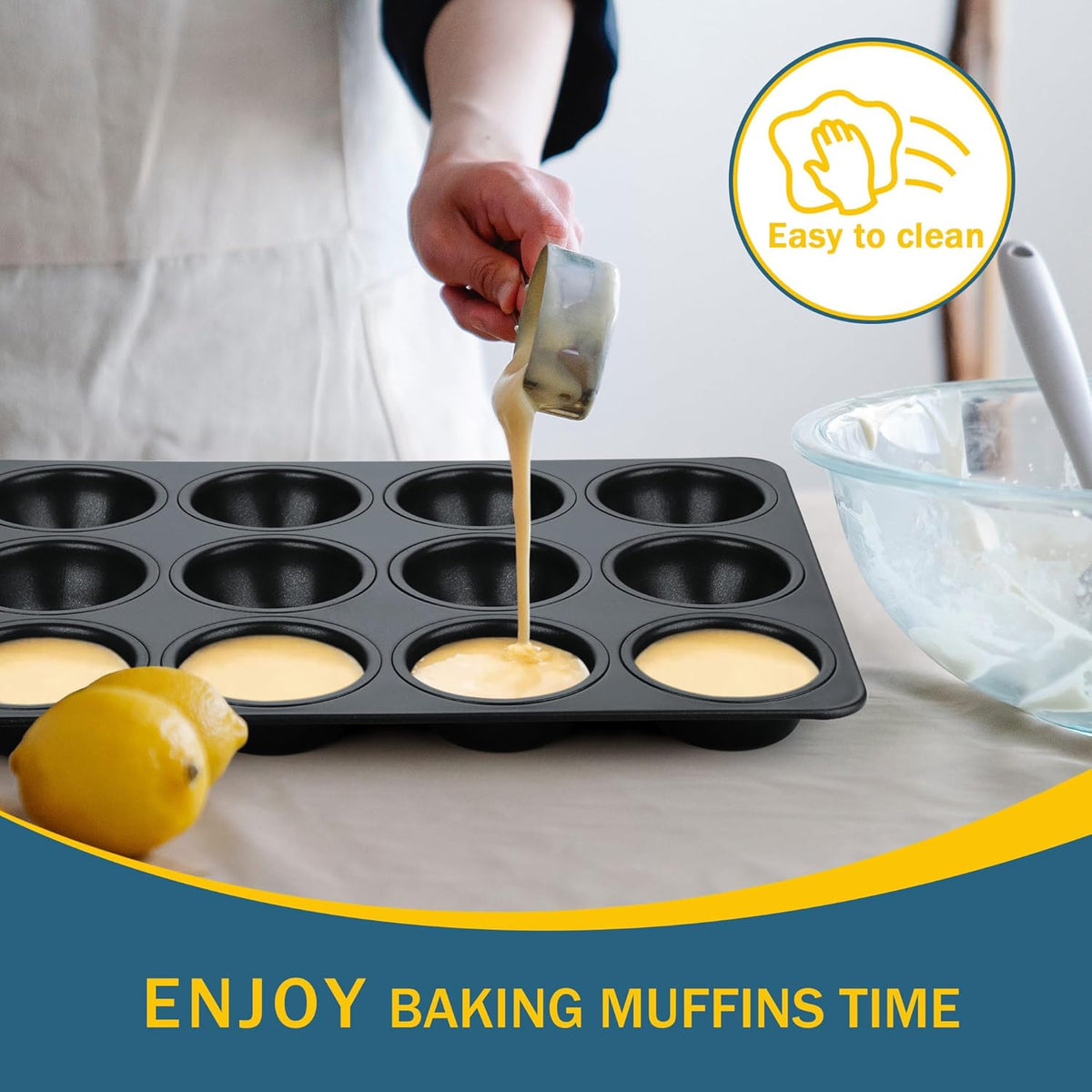 E-far Nonstick Muffin Pan 12 Cups Set of 2, Stainless Steel Muffin Tin Cupcake Pan Tray for Baking, Stainless Steel Core & Non Toxic, Easy Release & Easy Clean, Black