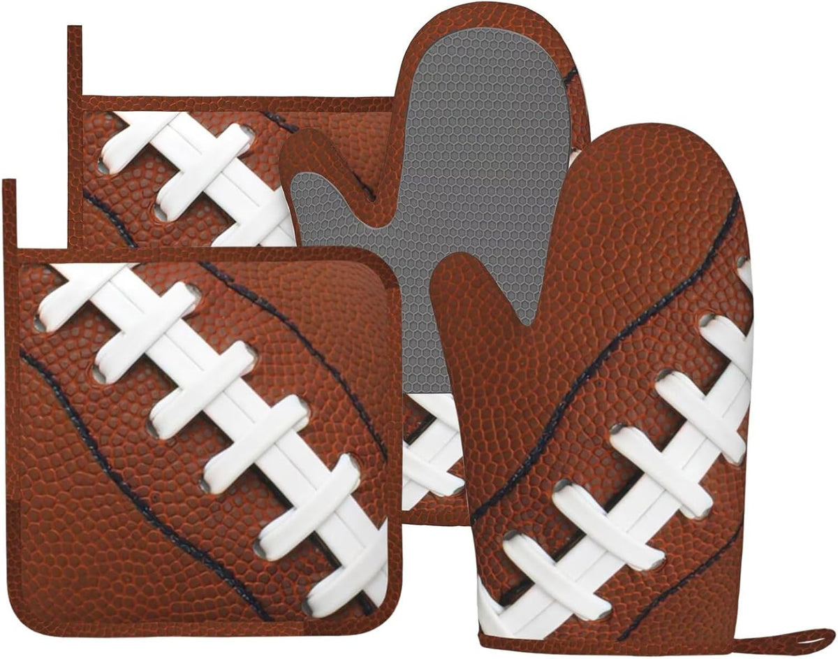 American Football Oven Mitts and Pot Holders Set of 4 Silicone Rugby Leather Lace Fun Traditional Sport Ball Kitchen Mitten Gloves and Potholders Set Heat Resistant Oven Gloves Hot Holders