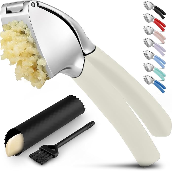 Zulay Kitchen Comfort Grip Garlic Press - Garlic Mincer Tool - Garlic Crusher - Garlic Press Mincer Rust Proof, with Soft Ergonomic Handle, Easy Clean Set with Peeler and Brush - White