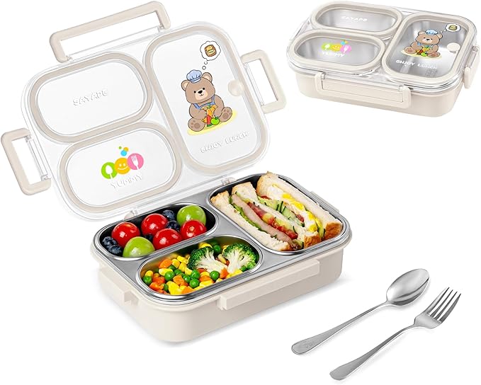 Stainless Steel Bento Lunch Box for Kids, 26.4 oz Leak-Proof 3-Compartment Metal Bento Box, BPA-Free, Cute Cartoon Meal Prep Snack Container with Utensils for School, Office, Travel - Beige