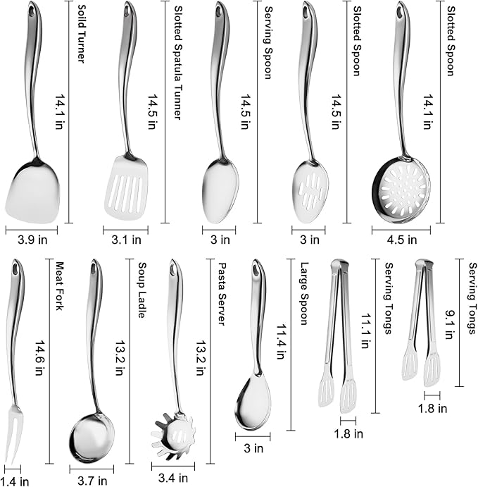 304 Stainless Steel Kitchen Utensils Set, 11 PCS Metal Cooking Utensils Set with Spatula, Spoon, Ladle, Skimmer, Turner, Pasta Server, Tongs