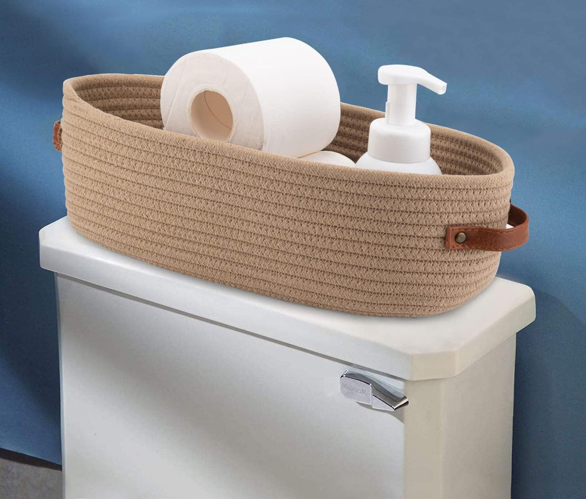 Set Of 2 Storage Basket Boho Decor Baskets for Organizing Woven Decorative Basket for Countertop Toilet Paper Basket for Toilet Tank Top Shelf Basket with Handle Khaki