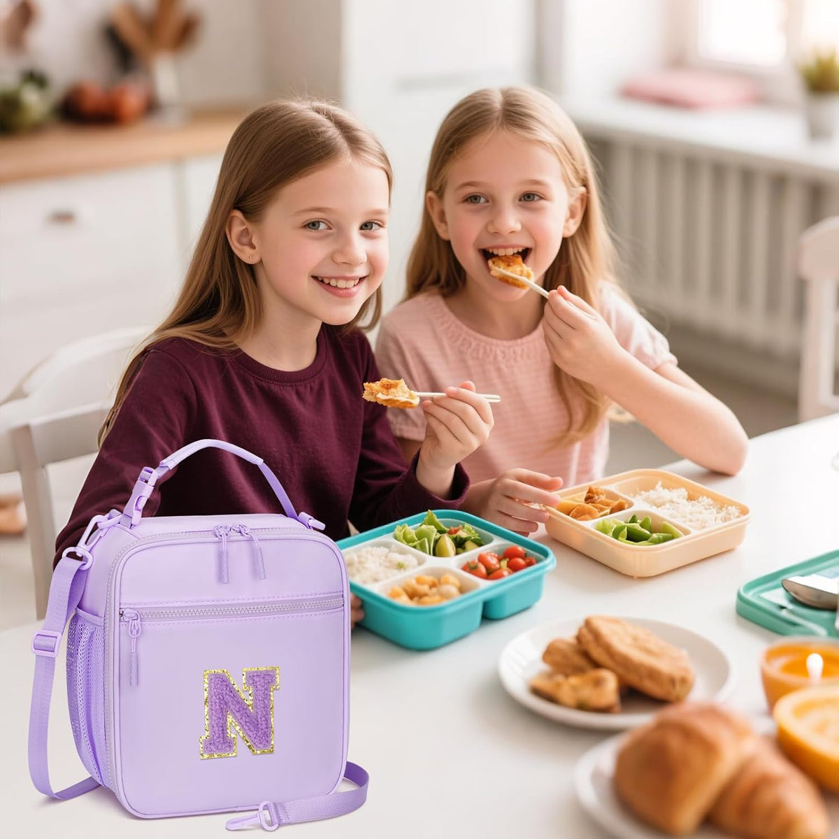 Initial Insulated Lunch Bag for Girls Kids, Back to School Gift, Reusable Leak-proof Lunch Box with Adjustable Strap for School Daycare Travel Picnic (Purple,N)
