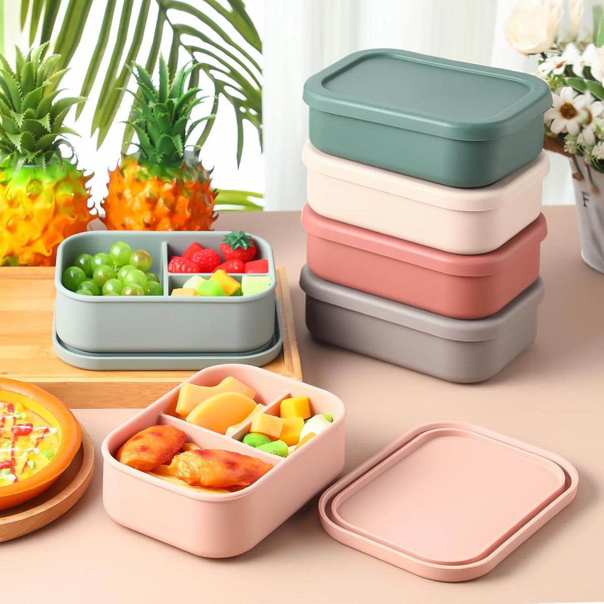 Honeydak 6 Pcs Silicone Bento Box 3 Compartment Reusable Lunch Container Smooth and Leakproof Meal Prep Lunch Box with Lid Stackable Meal Prep Container for Work Travel, 6 Colors(Bright Colors)