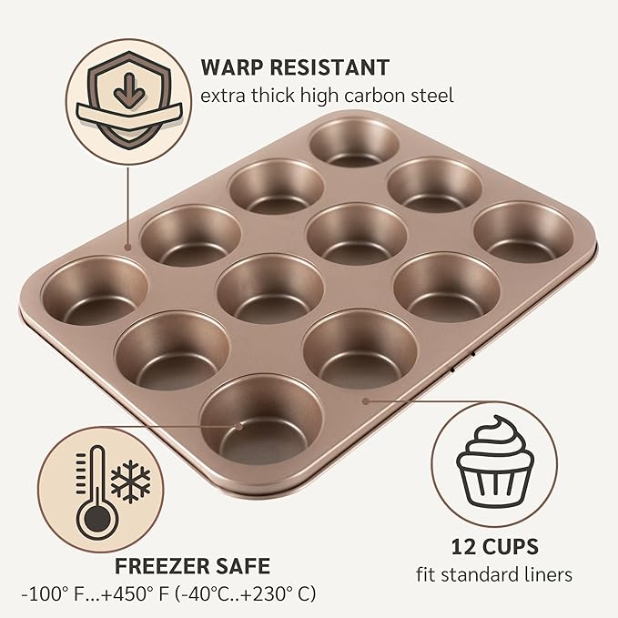 HAPPIELS Non Toxic Nonstick 12 Cup Muffin Pan | PFOA BPA free Nontoxic Cupcake Tin | Best Non Stick Muffin Pans | Muffin tins | Cupcakes Tray | Carbon Steel Bakeware Mold Trays