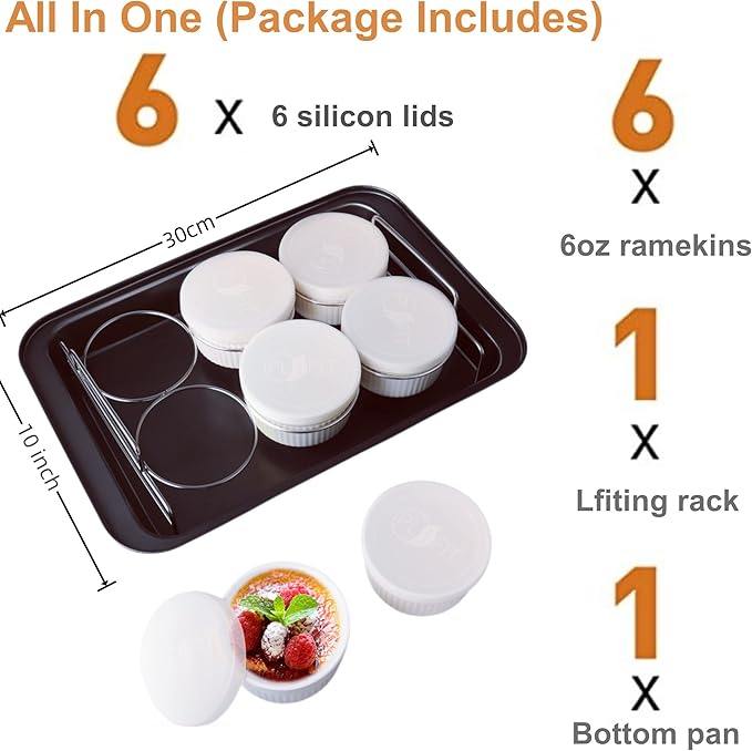 Ramekins Set with 6 Silicone Lids, Mothers Day Gifts Creme Brulee Making Set, Set of 6 Porcelain Ramekins, Oven Safe Covered Bowls & Soufflé Ramiken