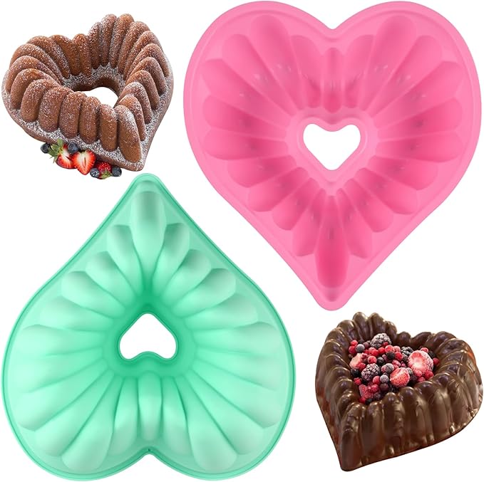 HUAKENER 2 Pack Heart Fluted Cake Pan, 9 Inch Heart Cake Molds, Nonstick Silicone Cake Molds