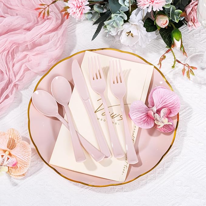 Supernal 300 Pieces Pink Plastic Silverware Heavy Duty Disposable Silverware Pink Utensils Disposable Cutlery Set 100 Forks 100 Knives 100 Spoons for Wedding Party Supplies Everyday Use