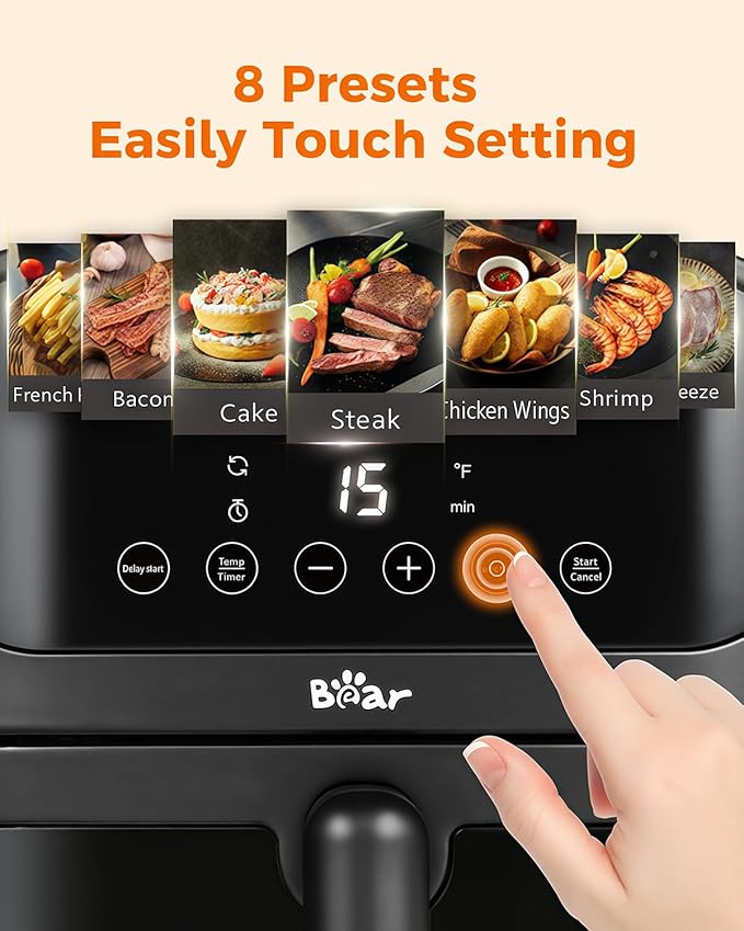 Bear Air Fryer, Stainless Steel Airfryer 8 Presets for Fast Family Meals, 6.4Qt Large Visible Window Temp Timer Adjustable Roast Bake Crisp French Fries Steak, Non Stick Basket Dishwasher Safe