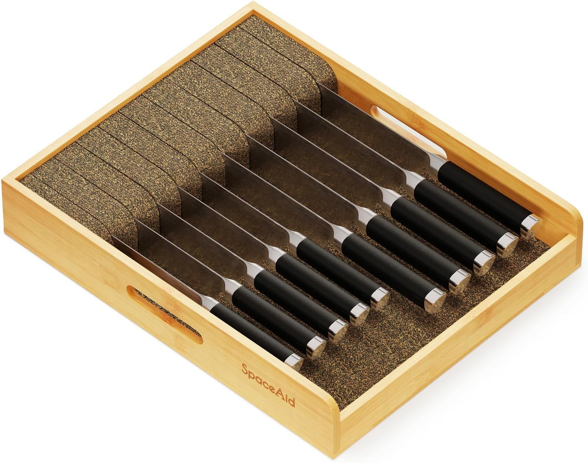 SpaceAid Large Knife Drawer Organizer Bamboo Insert Dock, Kitchen Steak Knives Holder Organizers Block for Drawer in Storage Organization (Large)