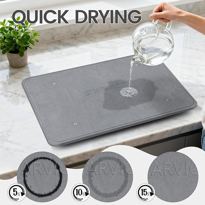 Large Stone Dish Drying Mats for Kitchen Counter,20"(L)×16"(W) Diatomaceous Earth Stone Mat With 4pc silver metal feet,Super Absorbent Fast Drying,Non-Slip Multi-purpose Kitchen Mat