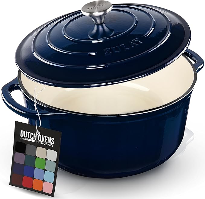 Zulay Kitchen 6 Quart Enameled Cast Iron Dutch Oven Pot with Lid – Premium Durability & Oven Safe up to 500°F – Heavy Duty Cookware Perfect for Bread Baking, Stews, Braising & Roasting - Lapis Lazuli