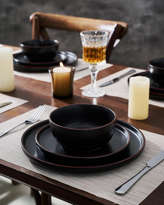 Famiware Mercury Plates and Bowls Sets, 18 Pieces Stoneware Dinnerware Sets, Dishes Set for 6, Microwave and Dishwasher Safe, Matte Black
