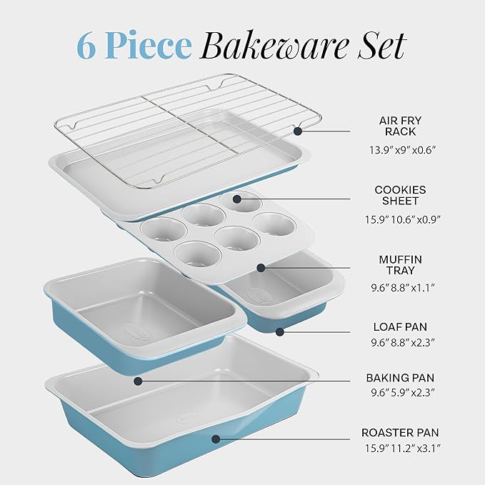 Gotham Steel 6 Pc Stackable Baking Pans Set, 70% Space Saving Design, Ceramic Bakeware Sets Non Toxic Made Without PFOA PFOS, with Baking Sheet Tray, Cake & Muffin Pans, Oven & Dishwasher Safe