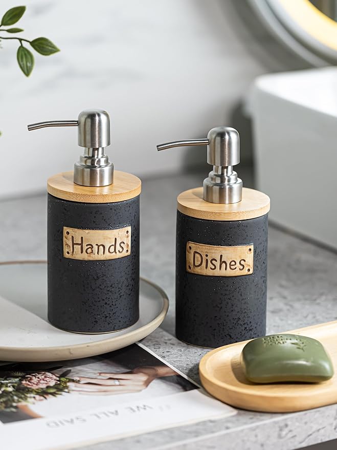 Kitchen Soap Dispenser Set, Ceramic Hand and Dish Soap Dispenser for Bathroom, Includes Instant Dry Tray, Collapsible Funnel, 15 Oz, Black