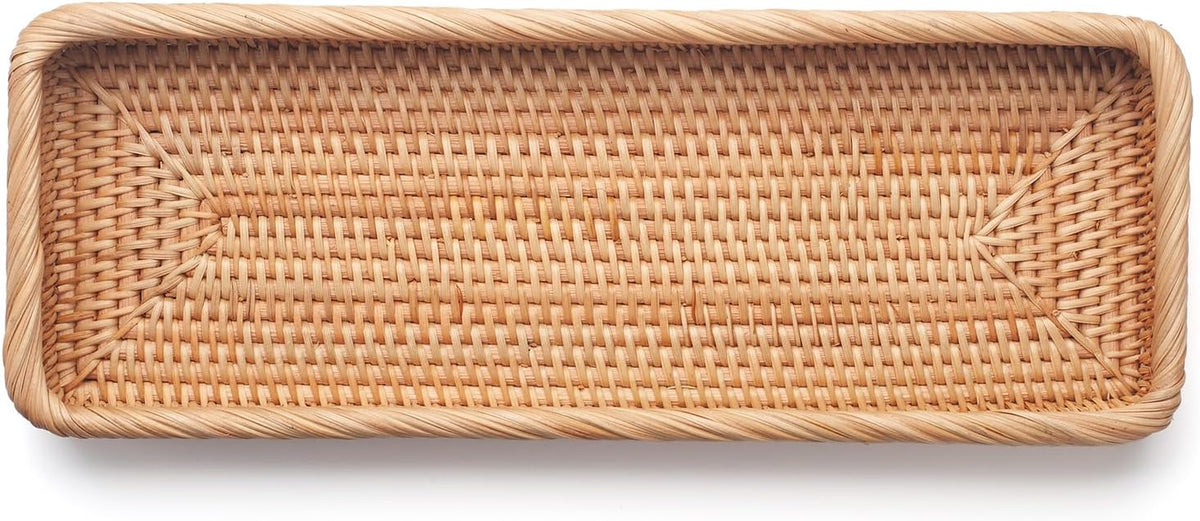 Rattan Bathroom Vanity Trays Toilet Tank Baskets Long Narrow Hand Towel Storage Basket for Storage, Decorative (Natural 16.3 x 6.1 x 2 inch)