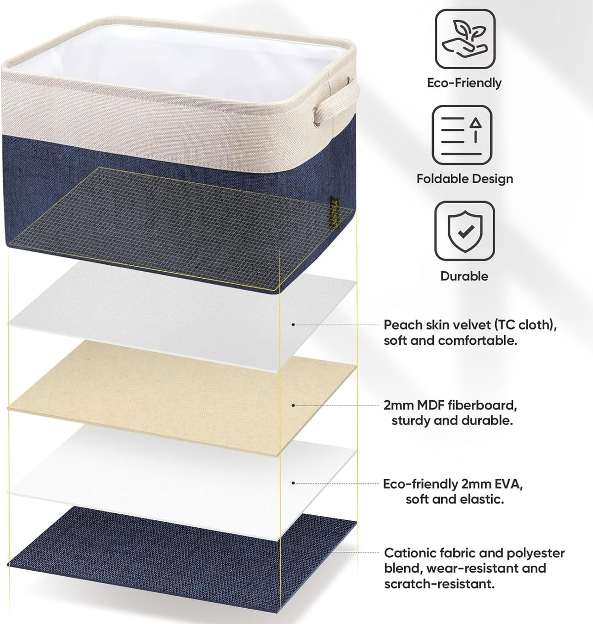 BALEINE 2 Pack Fabric Storage Bins for Shelves, Linen Storage Baskets for Organizing, Decorative Closet Bins for Clothes, Home (Navy Blue, 15"x11"x9.5") ﻿