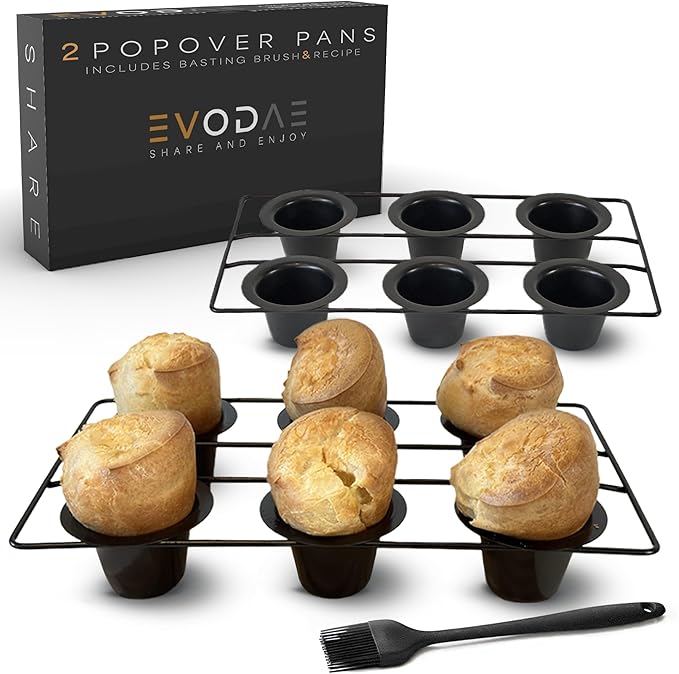 EVODAE® Popover Pans Set of 2 – 12-Cup (2×6) Pro-Grade Carbon Steel, Strong & Durable Build – Nonstick, PFOA & PTFE Free – Popover & Yorkshire Pudding Pan – Carefully Packaged in a Clean Black Box