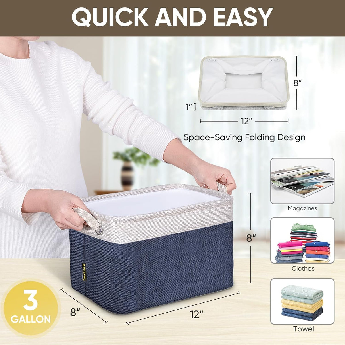 BALEINE 1 Pack Fabric Storage Bins for Shelves, Linen Storage Baskets for Organizing, Decorative Closet Bins for Clothes, Home (Navy Blue, 12"x8"x8")