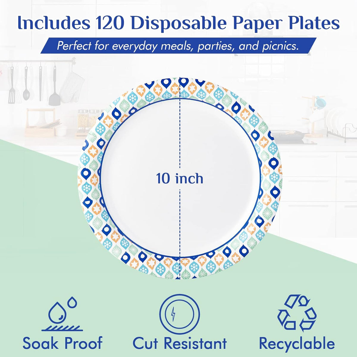 MUCHII Paper Plates 10 Inch, 120 Count Disposable Paper Plates Bulk, Soak and Cut Proof for Party,Picnic, Family Gatherings