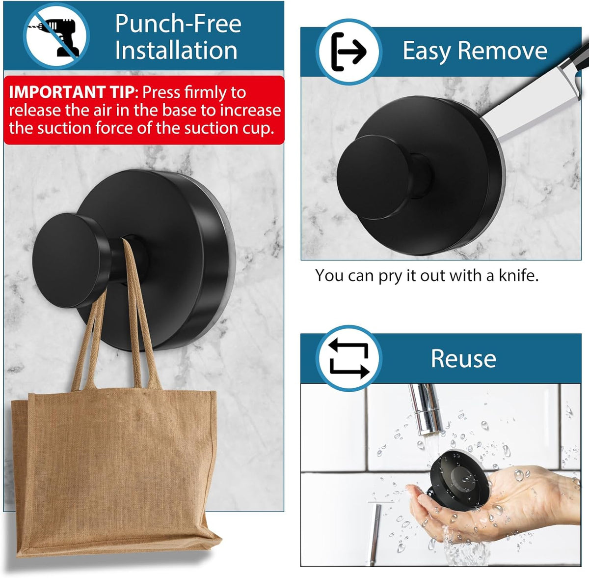 Suction Cup Hooks for Shower, 2 PCS No-Drill Towel Holder for Bathrooms Wall, Glass Door, Mirror, Tiles, Kitchen, Hold Robe & Wreath, Hanging up to 15 lbs – Waterproof & Rustproof, Matte-Black