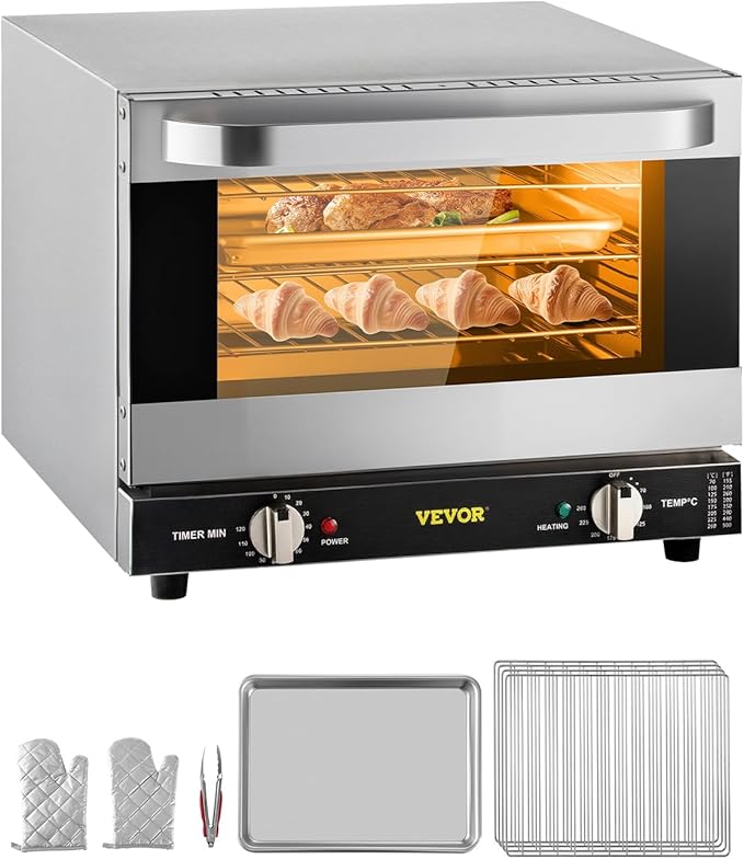 VEVOR Commercial Convection Oven, 21L/19Qt, Quarter-Size Conventional Oven Countertop, 1440W 3-Tier Toaster w/Front Glass Door, Electric Baking Oven w/Trays Wire Racks Clip Gloves, 120V