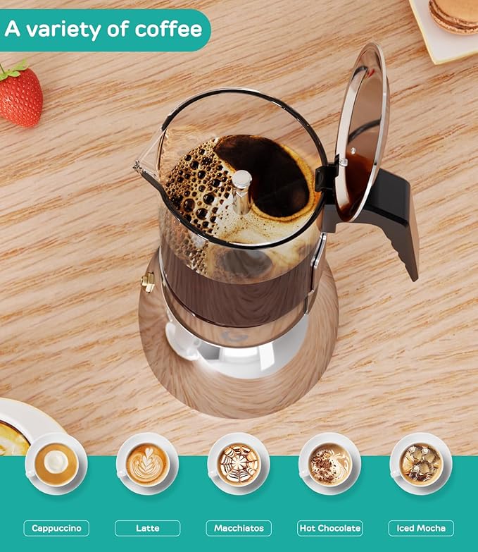 Coffee Gator 9 Cup Moka Pot, 15oz Stovetop Espresso Maker for Italian Coffee, Transparent Glass & Stainless Steel Design, Silver, 450ml