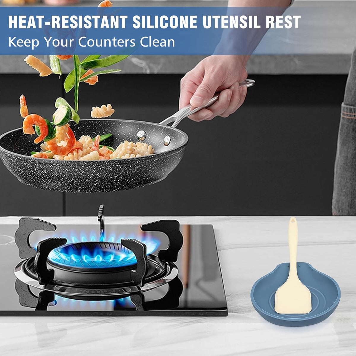 Silicone Spoon Rest for Stove Top - BPA-Free, Heat-Resistant Spoon Holder - Spoon Rest for Kitchen Counter - Large Cooking Utensil Rest for Spoons, Spatulas, Ladles or Tongs - Blue 2 Pack