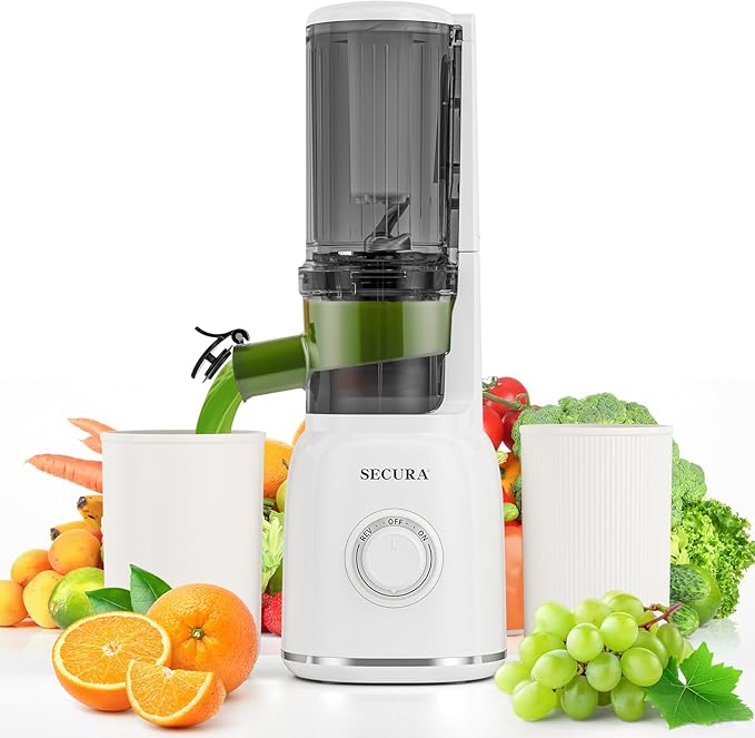 Secura Mesh Free Slow Juicer with Stainless Steel Prong Spiral Auger, Cold Press Juicer, Masticating Juicer Machines with Quiet Motor & Reverse Function for Vegetables and Fruits, White