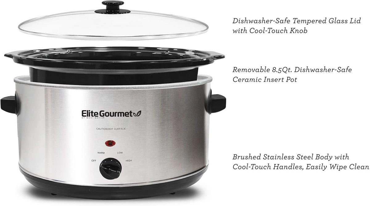 Elite Gourmet Stainless Steel Slow Cooker, Dishwasher-Safe with Tempered Glass Lid, Cool-Touch Handles, Removable Stoneware Pot, 8.5 Quart,MST-900V