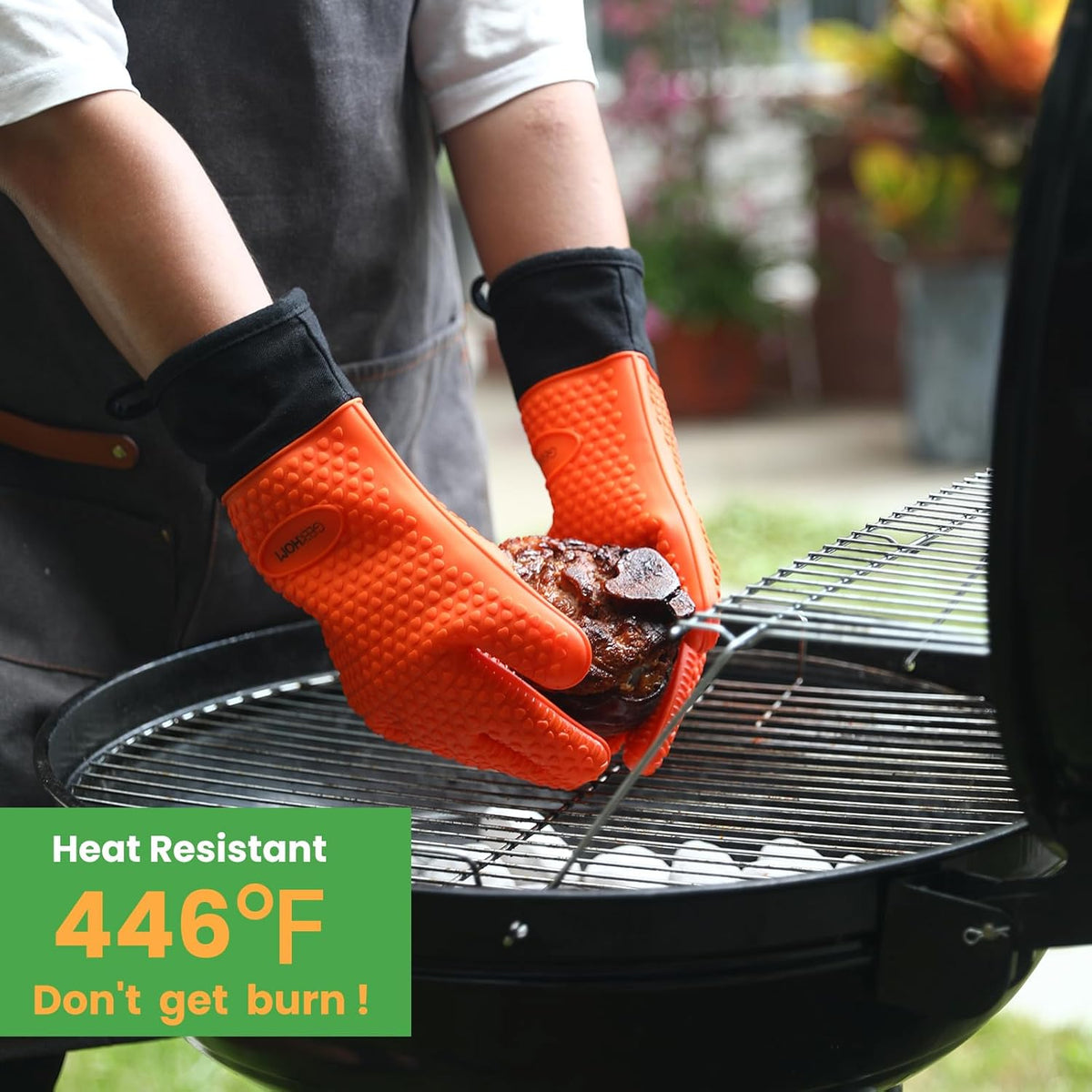 GEEKHOM BBQ Gloves Heat Resistant Oven Mitts - Silicone Grilling Gloves with 13.7" Arm Protection - Waterproof Pot Holder Non-Slip for Men & Women, Kitchen Outdoor Cooking, Baking, Camping, Orange