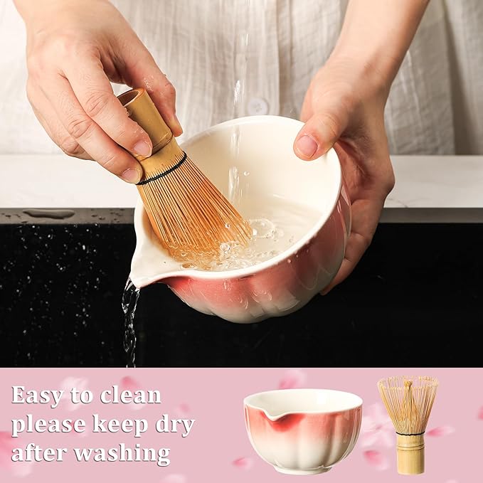Matcha Whisk Set, 7-Pack Peach Pink Matcha Set - Include Petal Matcha Bowl with Spout, Bamboo Whisk, Chasen Holder, Sifter, Scoop, Tea Towel, Scoop Rest - Perfect Matcha Making Kit for Tea Lover