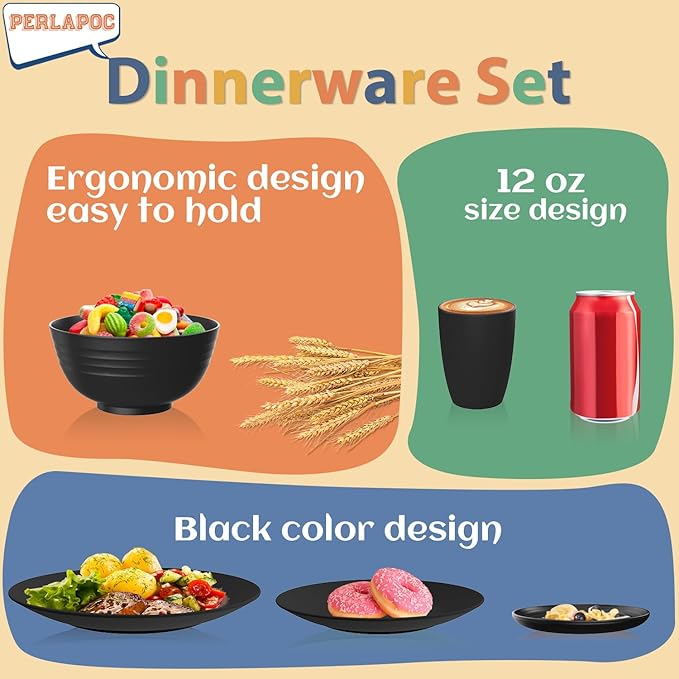 Kitchen Wheat Straw Dinnerware Set 40 PCS Dishes Sets for 8 Plastic Plates Reusable Dinner Plates Cereal Bowls Small Cups Dishwasher & Microwave Safe Unbreakable Dish Set for Picnic RV-Black