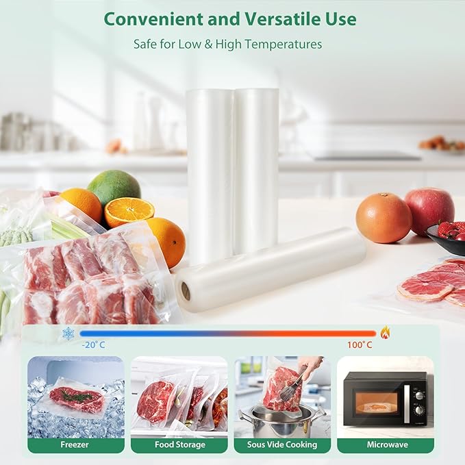 Beelicious Pro Vacuum Sealer Bags Rolls for Food 6 Pack 3 Rolls 11" x 20' and 3 Rolls 8" x 20' Commercial Grade with BPA-Free, Durable Customized Size Food Storage Bags for Sous Vide