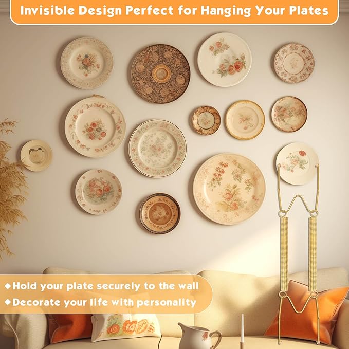 14 pcs Plate Hangers for The Wall, 4/6/8/10/12 Inch Invisible Decorative Wall Plate Hangers, Stainless Steel Plates Walls Hanger for Display Various Sizes with Hooks for Decorative