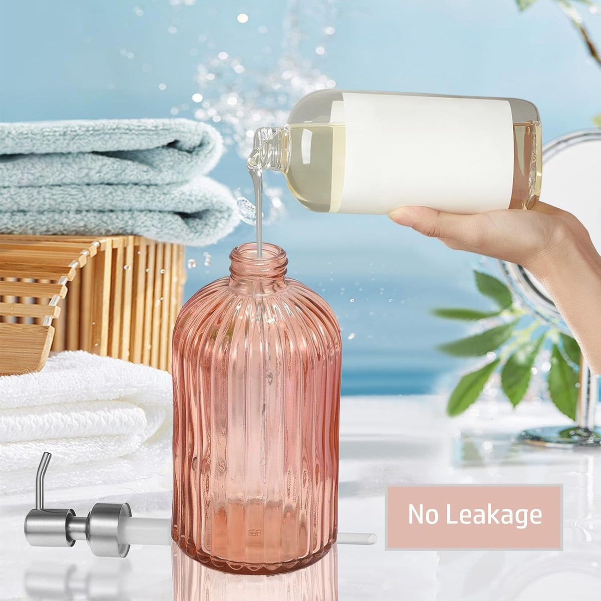 14Oz Amber Soap Dispenser Bathroom, Clear Glass Hand Soap Dispensers with Stainless Steel Pump, Refillable Dish Soap Dispenser for Kitchen, Countertop Soap Dispensers