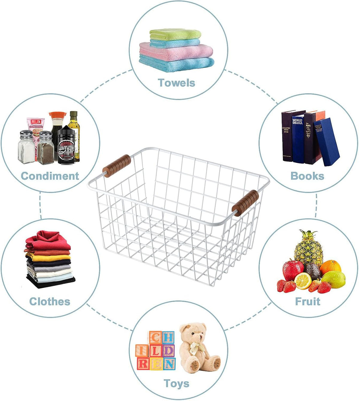 Wire Kitchen Storage Basket 4 Packs,Perfect Pantry Organization Accessories Baskets,Laundry Basket,With a Wooden handle,Suitable for Kitchen,Bathroom,Bedroom,Tabletop,Stackable,White