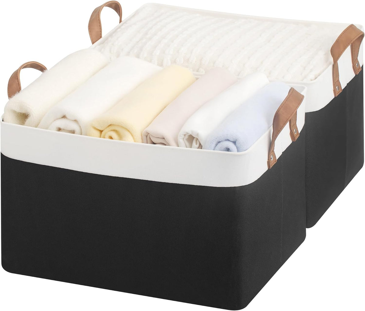 StorageWorks Storage Bins, Fabric Storage Bins for Shelves, Large Storage Baskets with Metal Frame, Closet Baskets and Bins with Handles, Black and White, 2-Pack