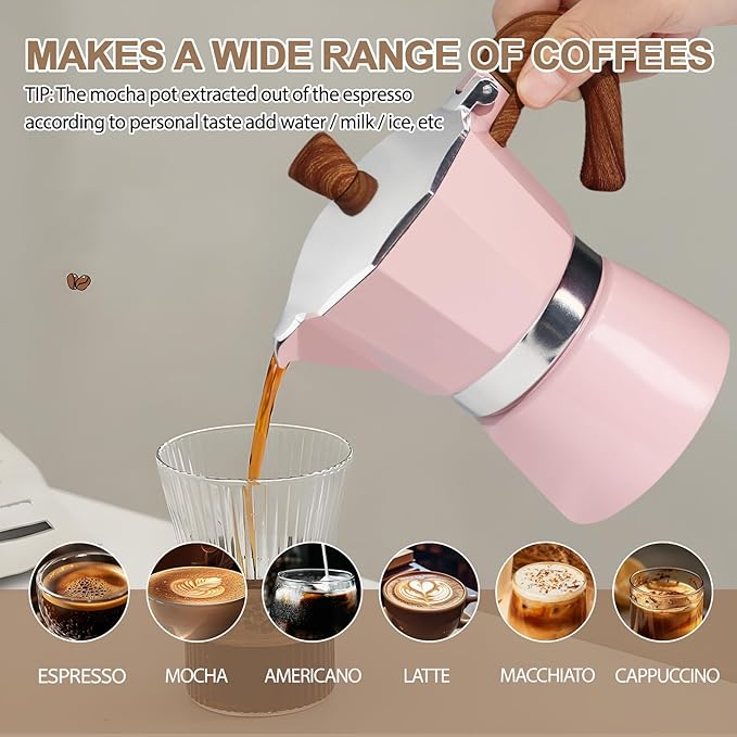 Aluminum 6 Cup 300ml Moka Pot Express Coffee Maker Stovetop Espresso Colorful Coffeemaker Italian Classic Style Brewing Greca Cafe Mocha Machine for Cafeteras Lover Camping Travel and Home Use 10oz