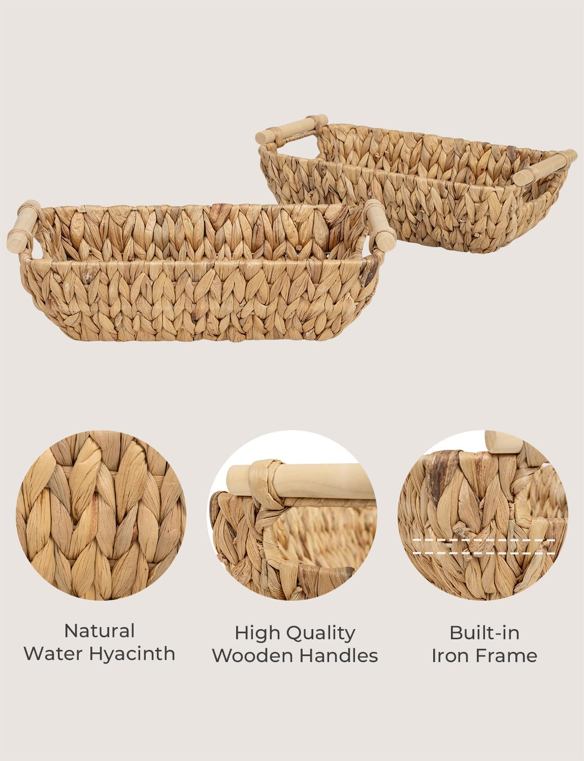 StorageWorks Hand-Woven Small Wicker Baskets, Water Hyacinth Storage Baskets with Wooden Handles, 2-Pack