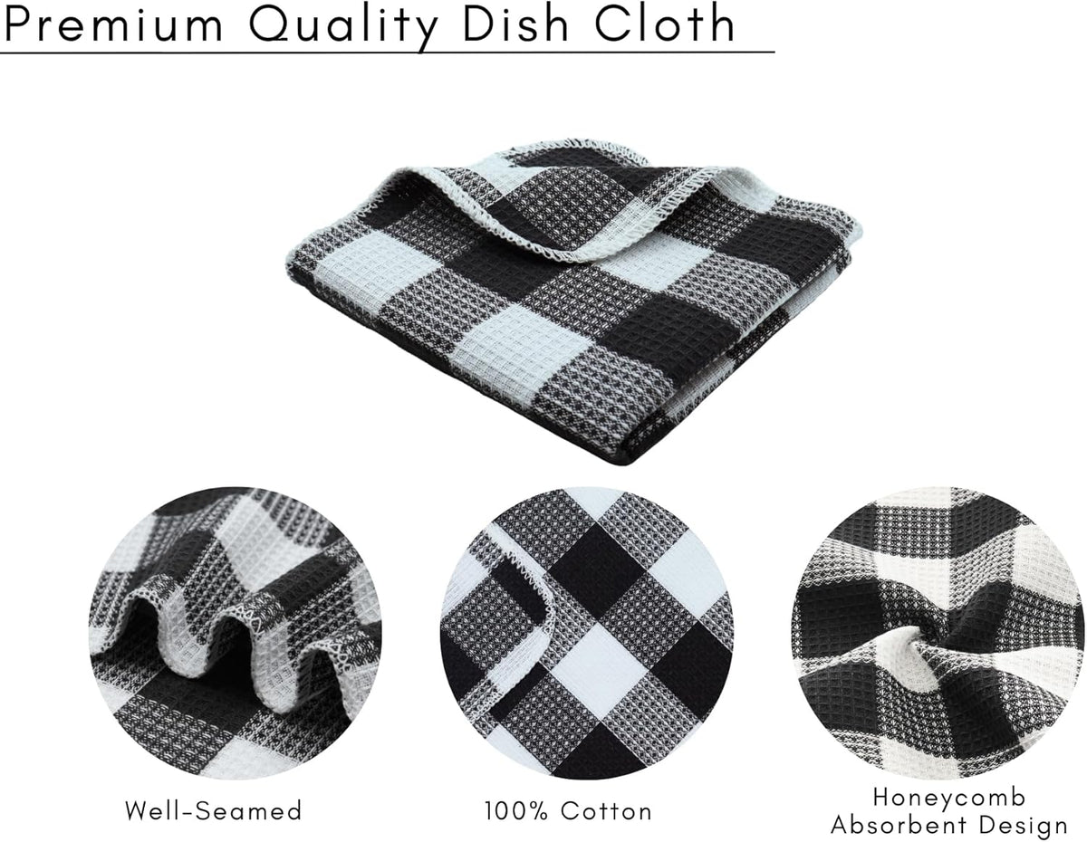PurpleEssences Waffle Weave Plaid Dish Cloths, 100% Cotton - 12 x 12 Inches, Ultra Soft Absorbent Quick Drying Dish Towels Buffalo Check Dish Rags for Kitchen, 8 Pack - Spring Summer - Black & White
