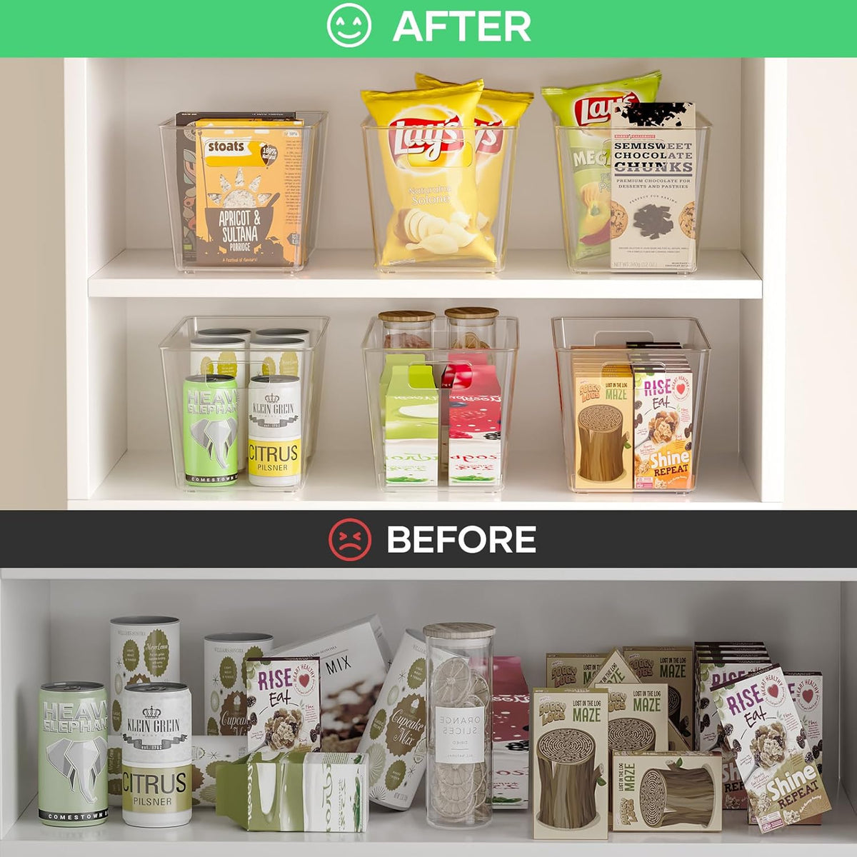 6 Pack Clear Plastic Storage Bins, 11" Large Pantry Organizer Bins with Handles, Plastic Containers for Refrigerator,BPA-Free Perfect for Kitchen,Fridge,Cabinet,Pantry,Bathroom,Closet Organization
