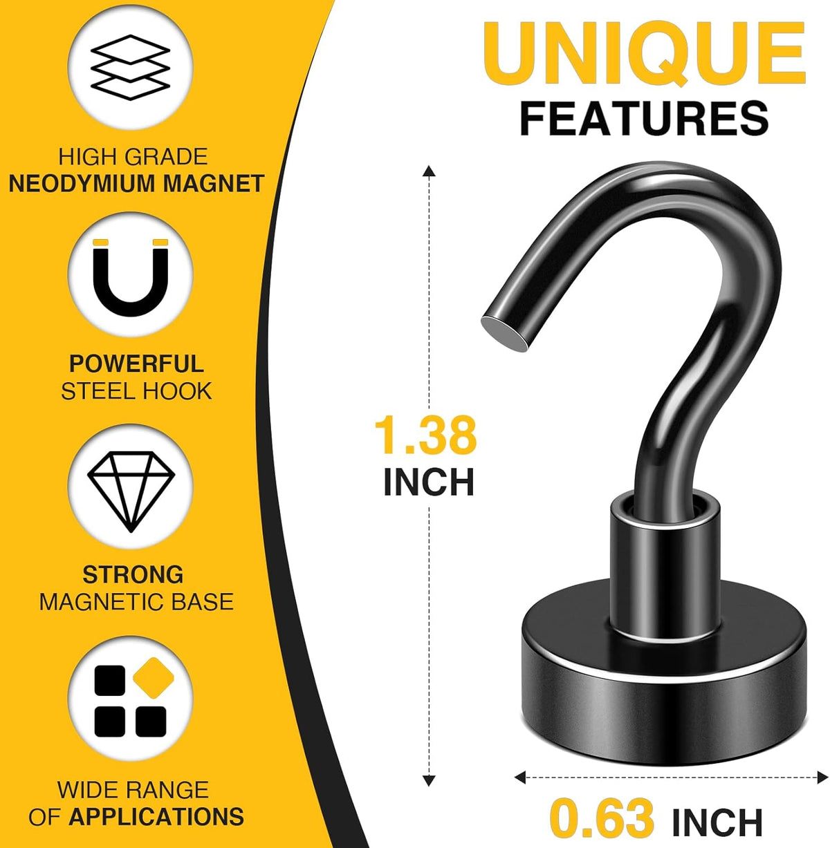DIYMAG Outdoor Hooks for Hanging String Lights, Balck Magnetic Hooks Strong 30lbs+ Hanging Party Light Wall Cable for Outside Cruise Cabin Refrigerator Fridge Grills Must Have 60PCS