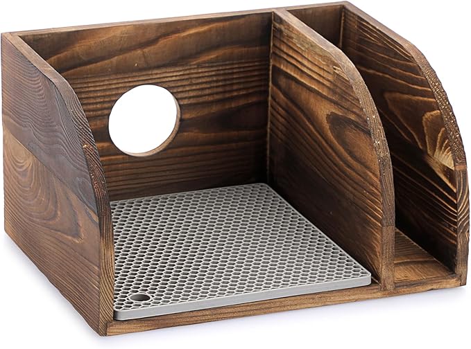 ELLDOO Vintage Wood Coffee Organizer Stand, Compatible with Chemex Coffee Makers, Holds Coffee Maker and Coffee Paper Filters, Fits Collar and Handle Carafes, with Grey Silicone Dripper Mat